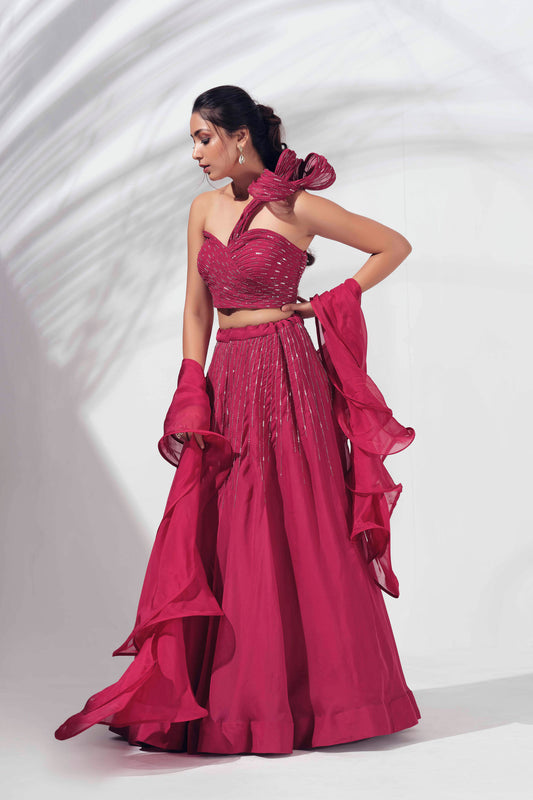 Dark Pink Georgette Crepe Lehenga Set