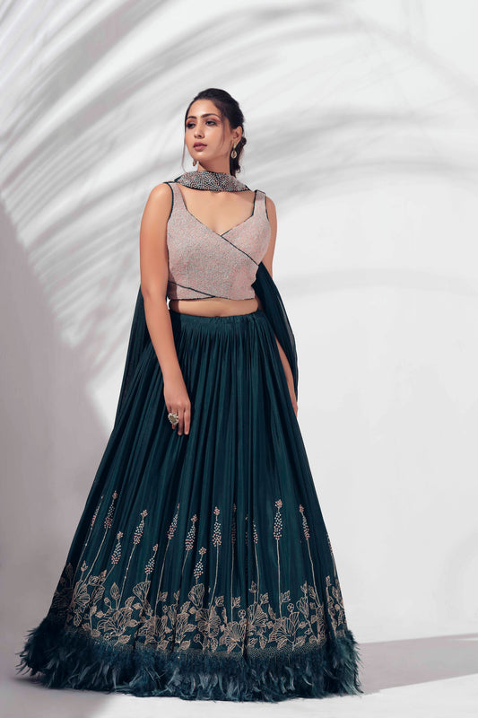 Midnight Green Georgette Crepe Lehenga Set