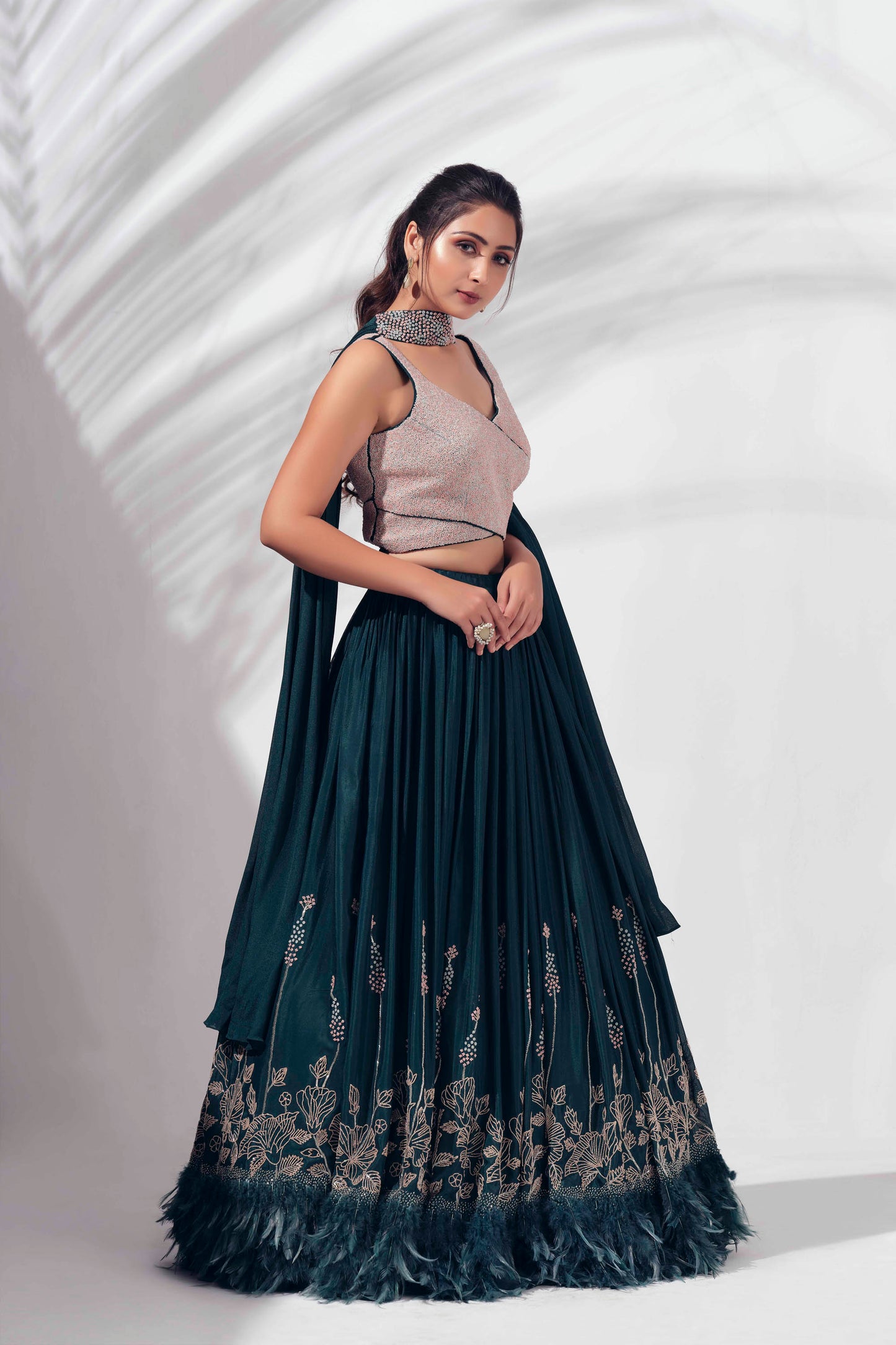 Midnight Green Georgette Crepe Lehenga Set