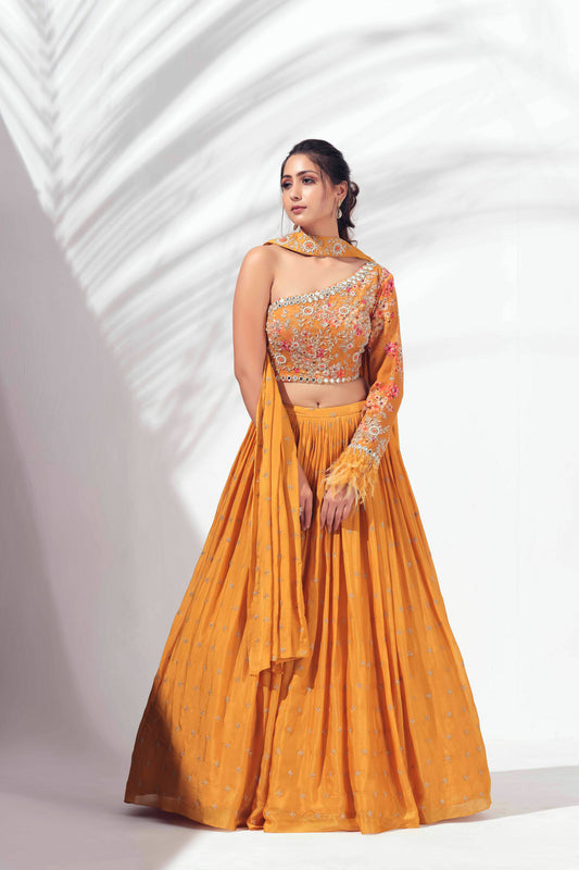 Light Greman Mustard Pleated Lehenga Set