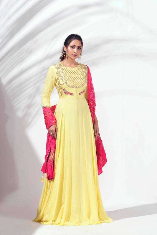 Yellow Hand Embroidered Flared Anarkali Set