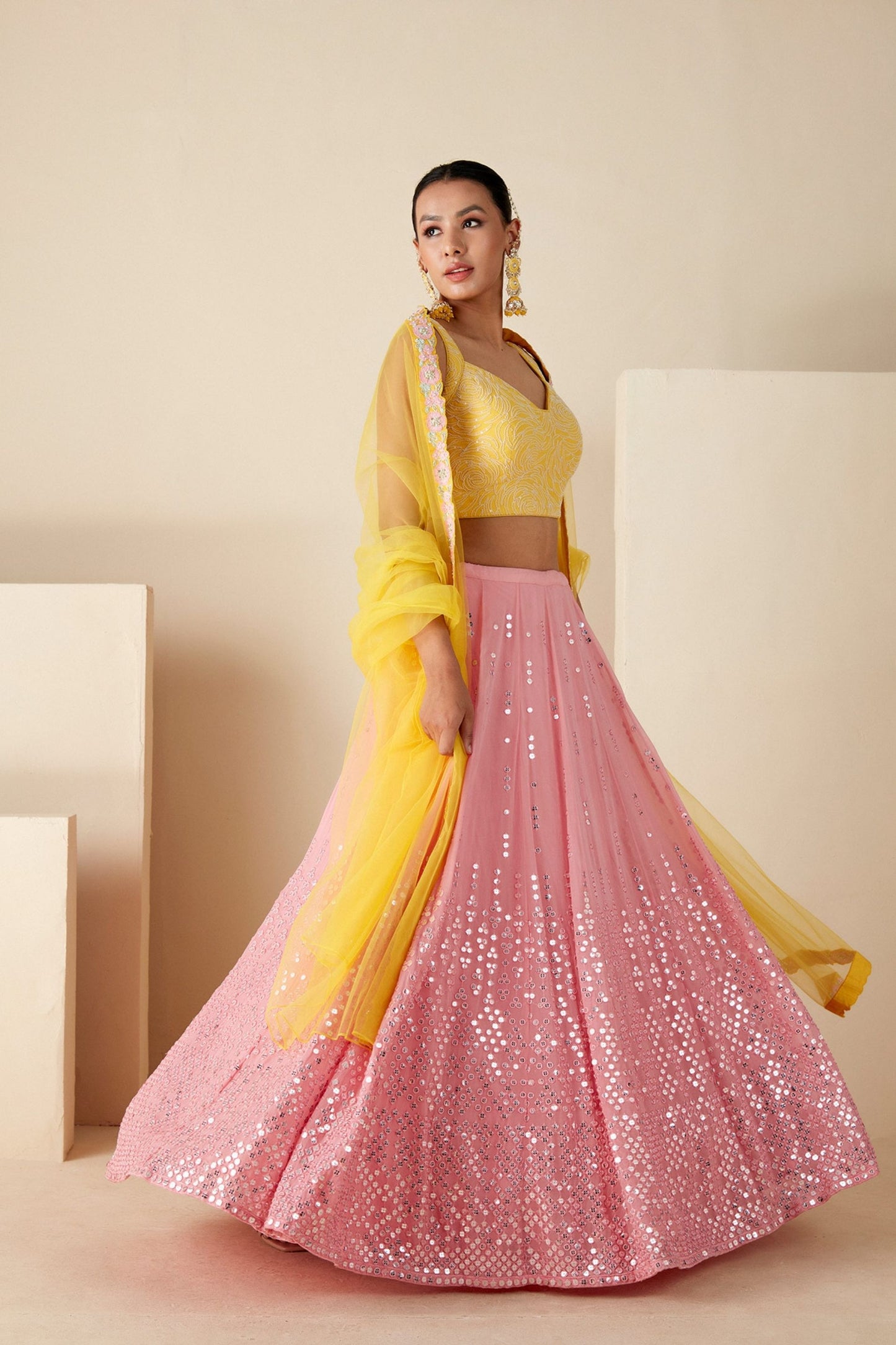 Pink And Yellow Lehenga Set
