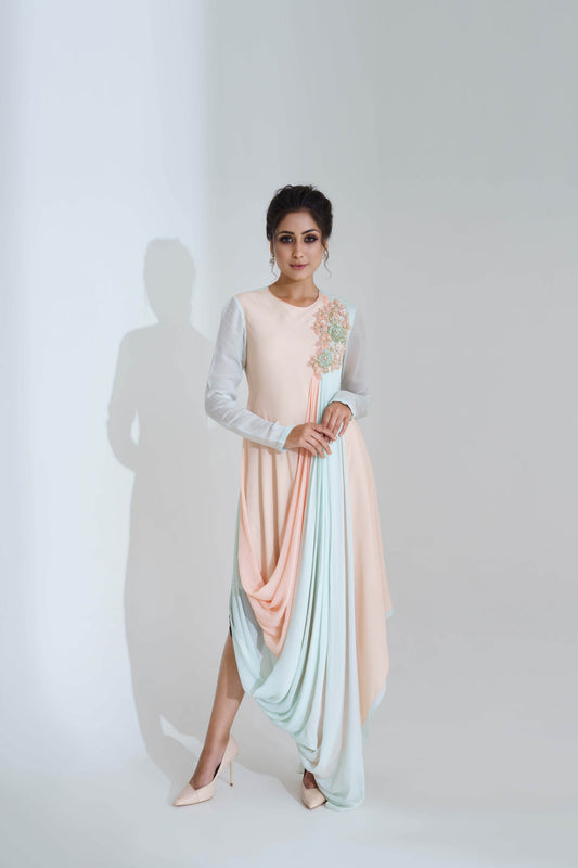 Peach & Light Blue Draped Dress