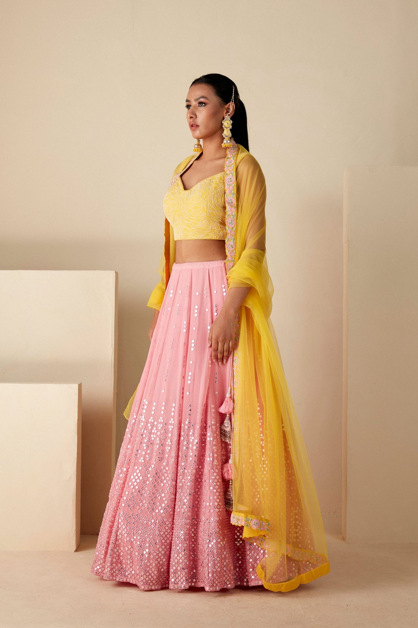 Pink And Yellow Lehenga Set