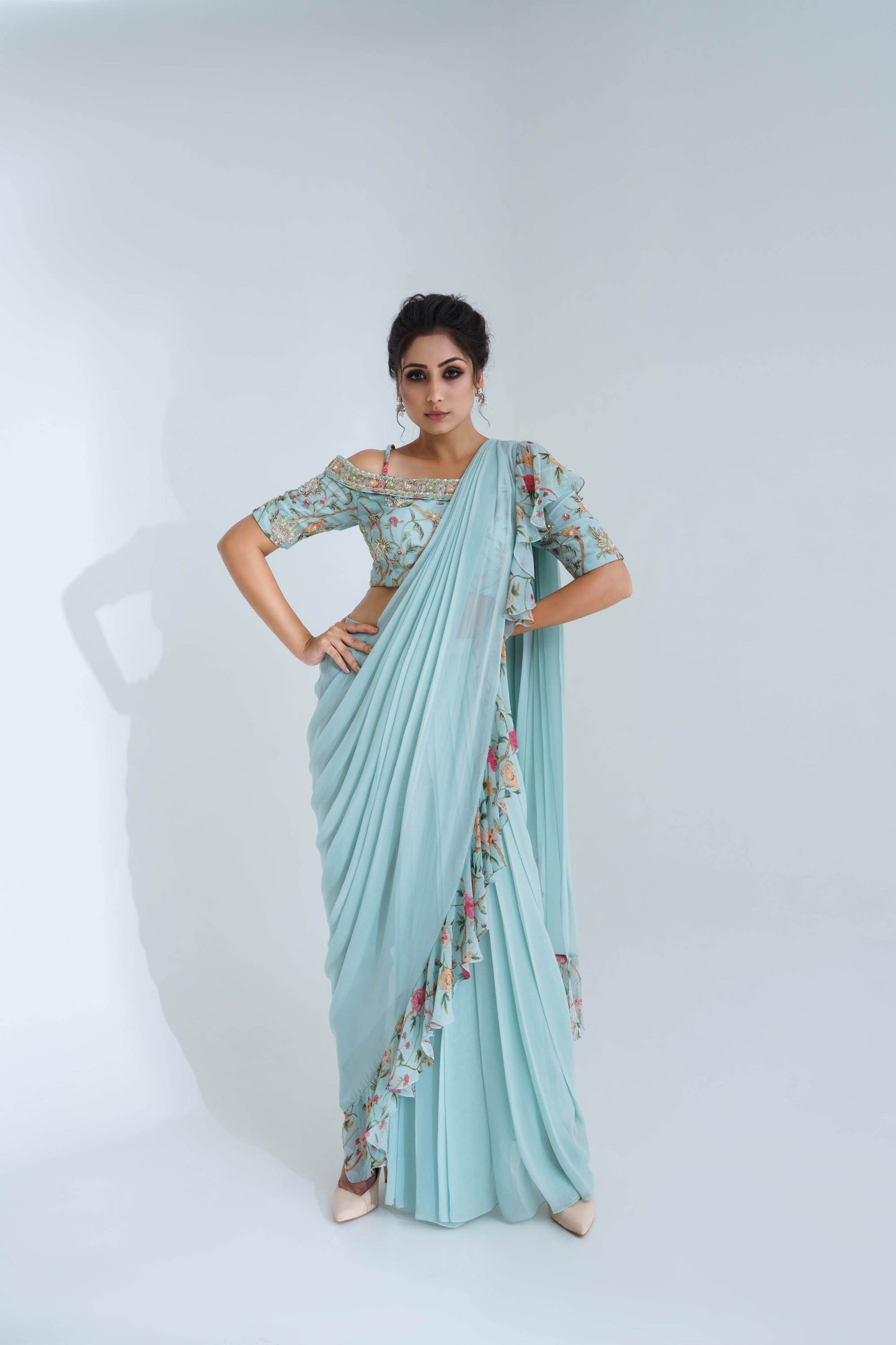 Light Blue Georgette Pre-Draped Saree Set