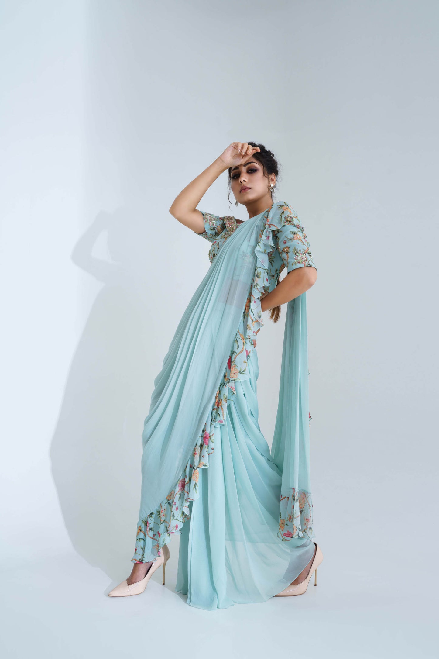 Light Blue Georgette Pre-Draped Saree Set