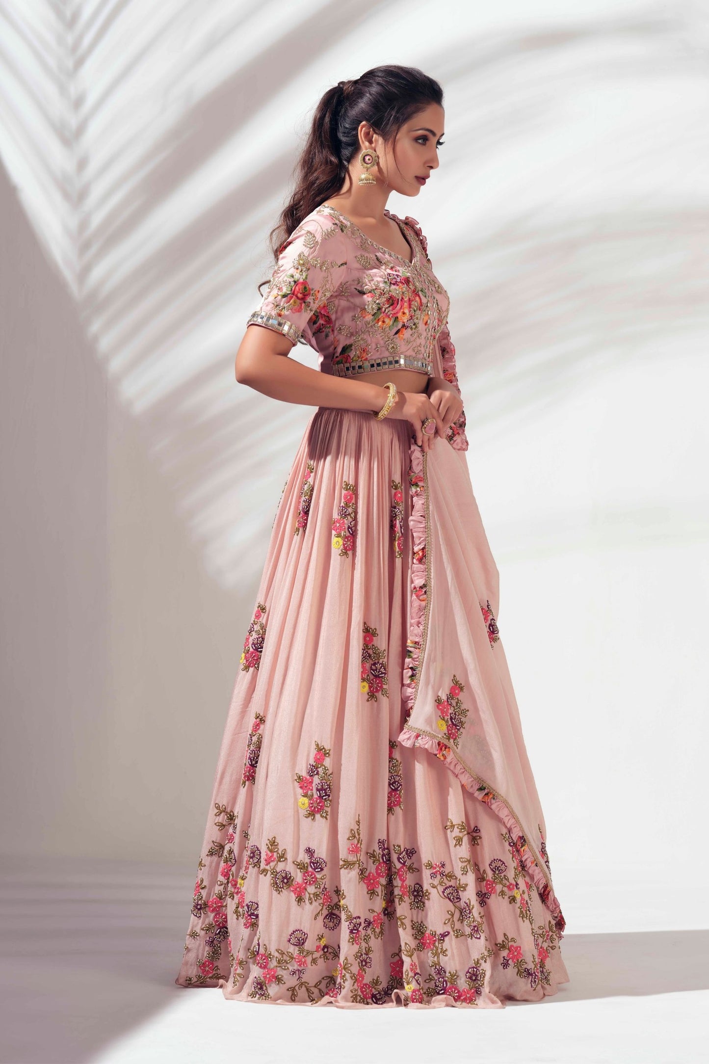 Blush Pink Thread Embroidered Lehenga Set