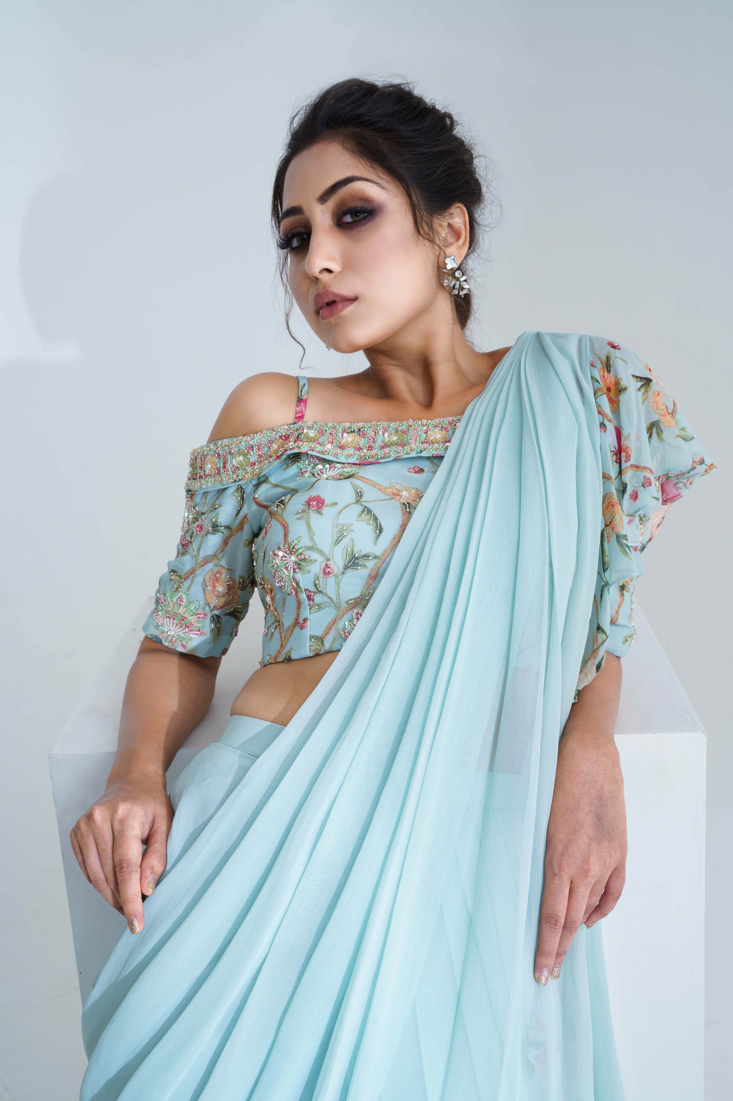 Light Blue Georgette Pre-Draped Saree Set