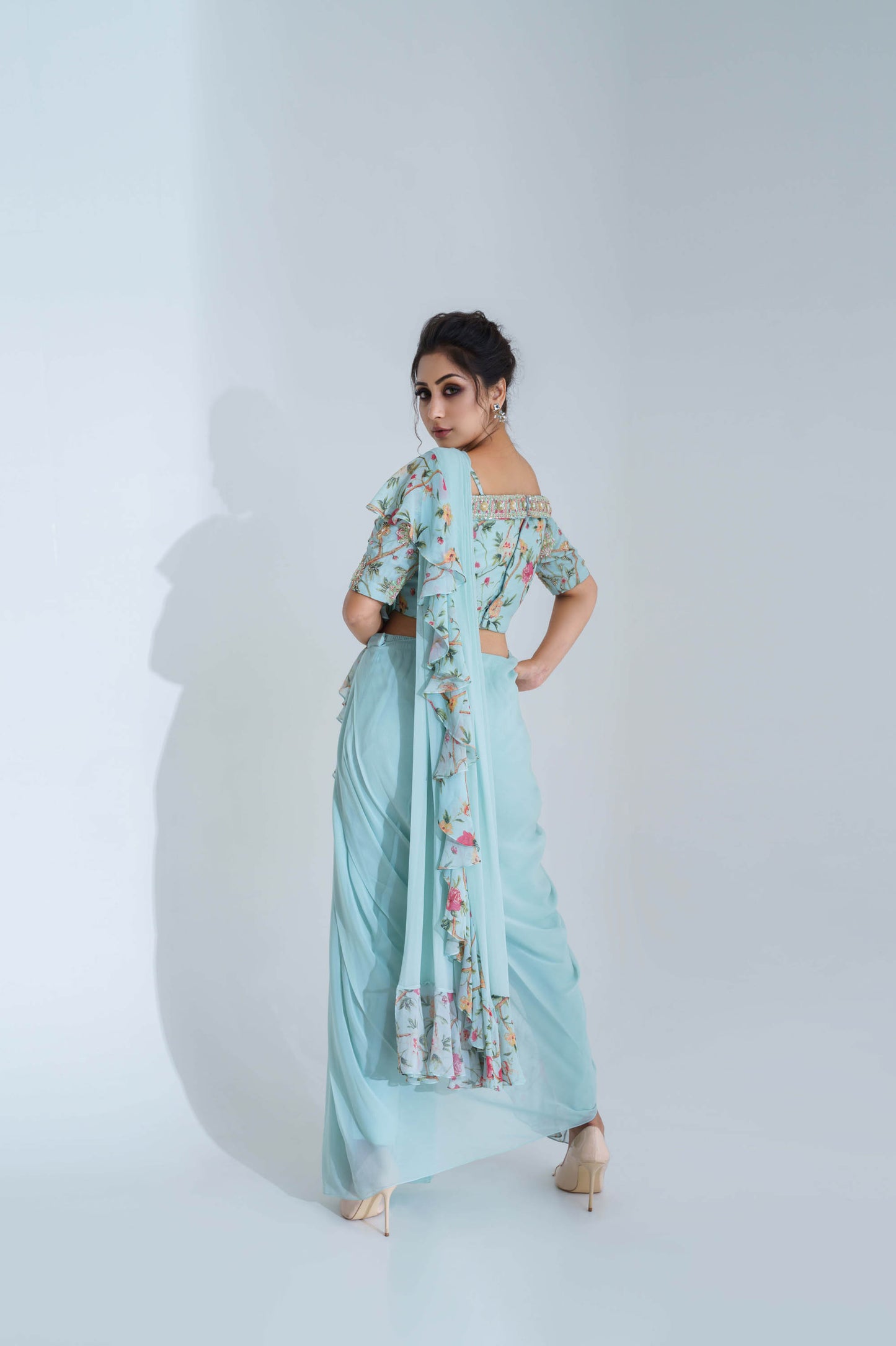 Light Blue Georgette Pre-Draped Saree Set