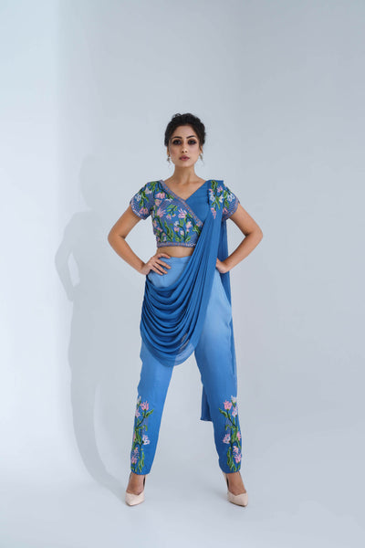 Blue Ombre Pre-Draped Pant Saree Set