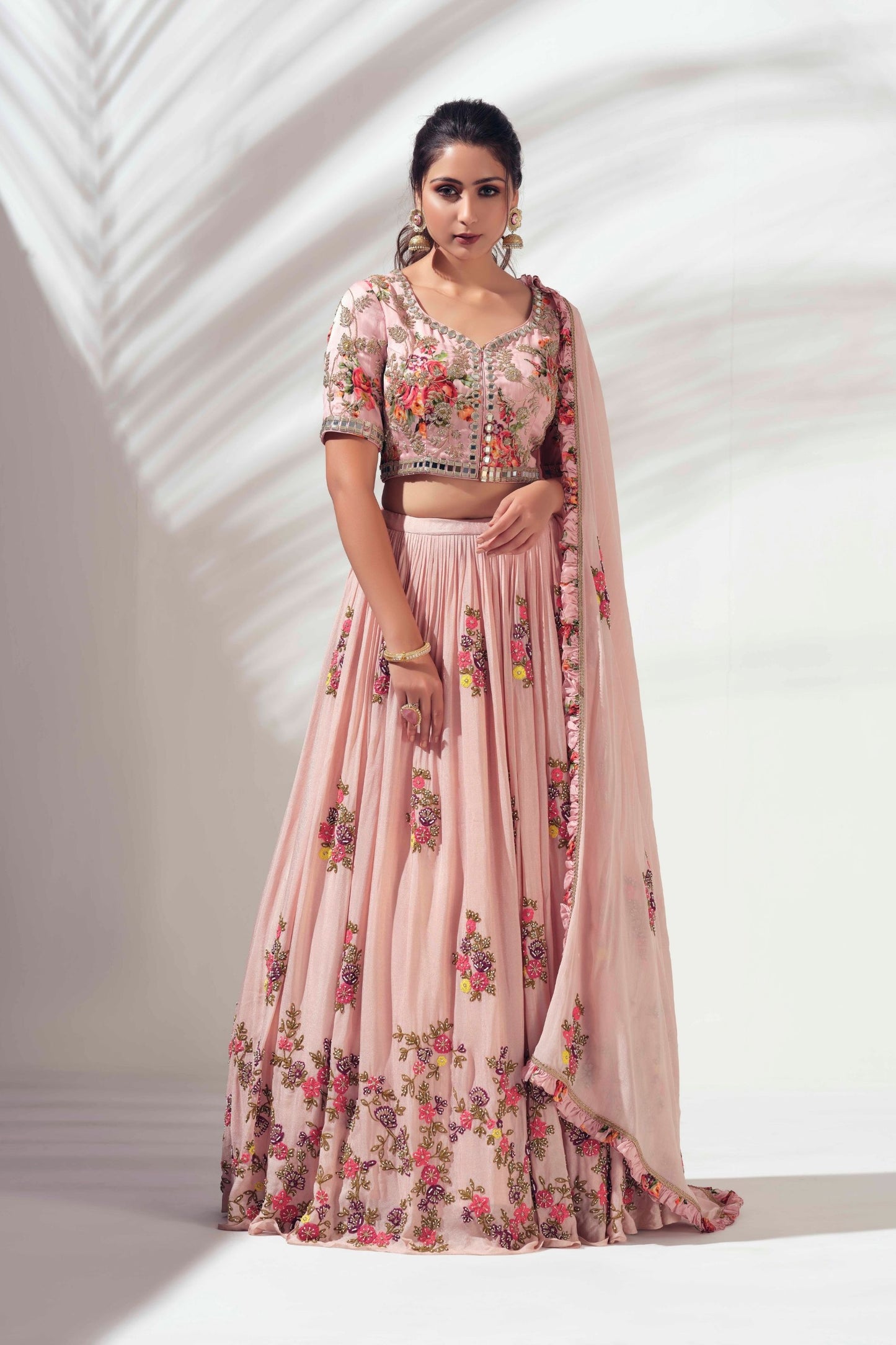 Blush Pink Thread Embroidered Lehenga Set