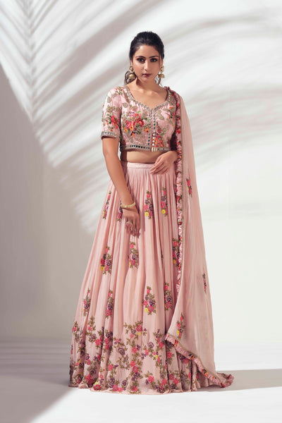 Blush Pink Thread Embroidered Lehenga Set