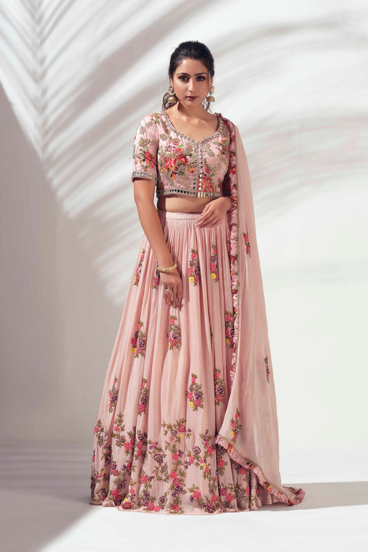 Blush Pink Thread Embroidered Lehenga Set