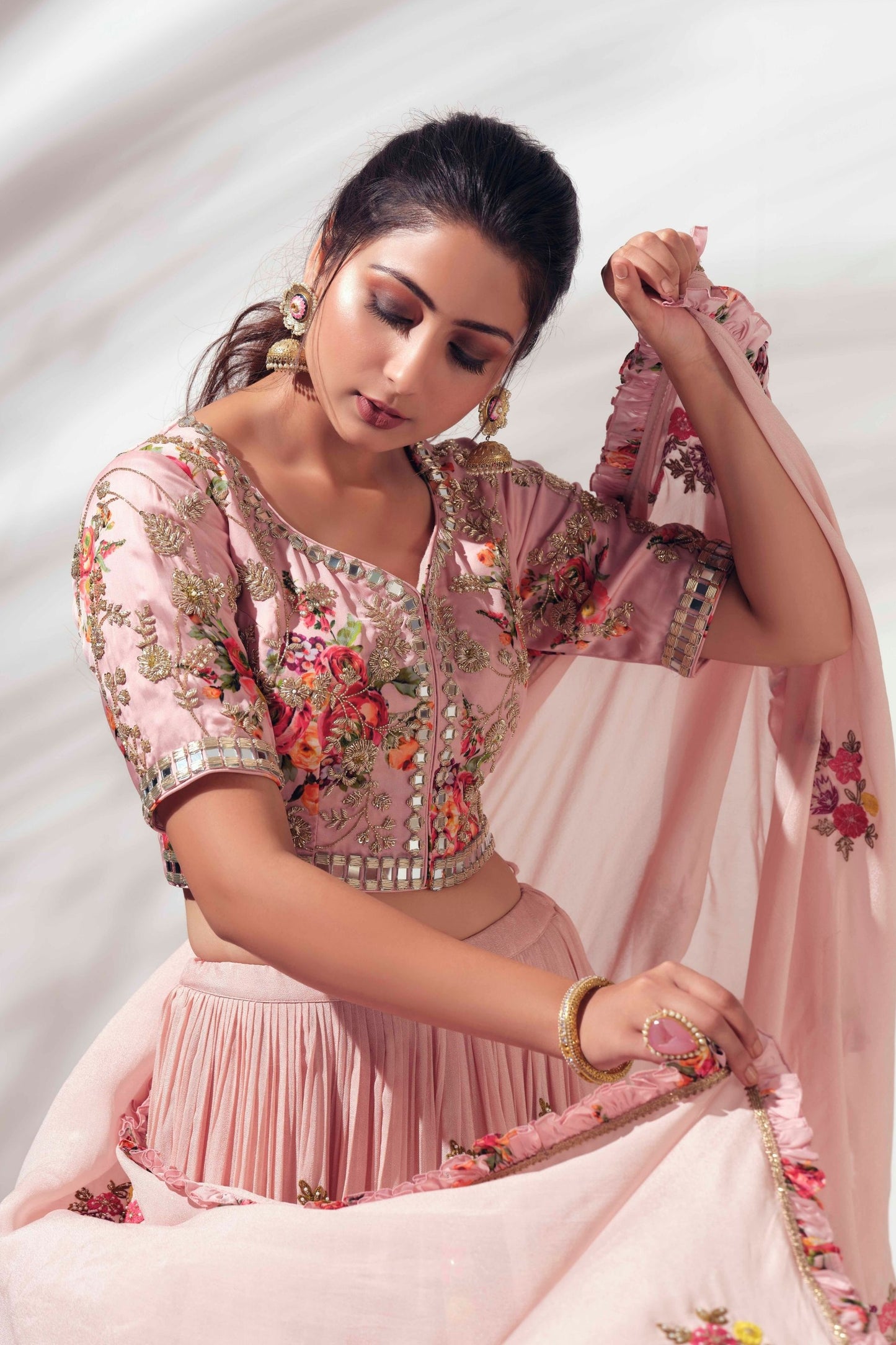 Blush Pink Thread Embroidered Lehenga Set