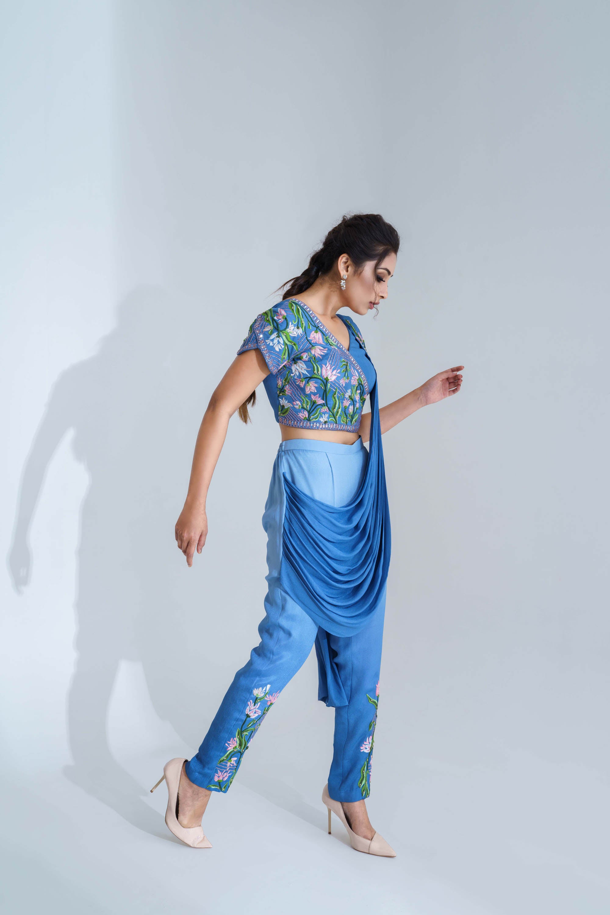 Blue Ombre Pre-Draped Pant Saree Set