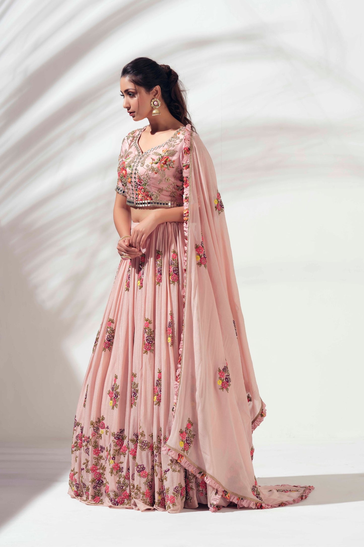 Blush Pink Thread Embroidered Lehenga Set