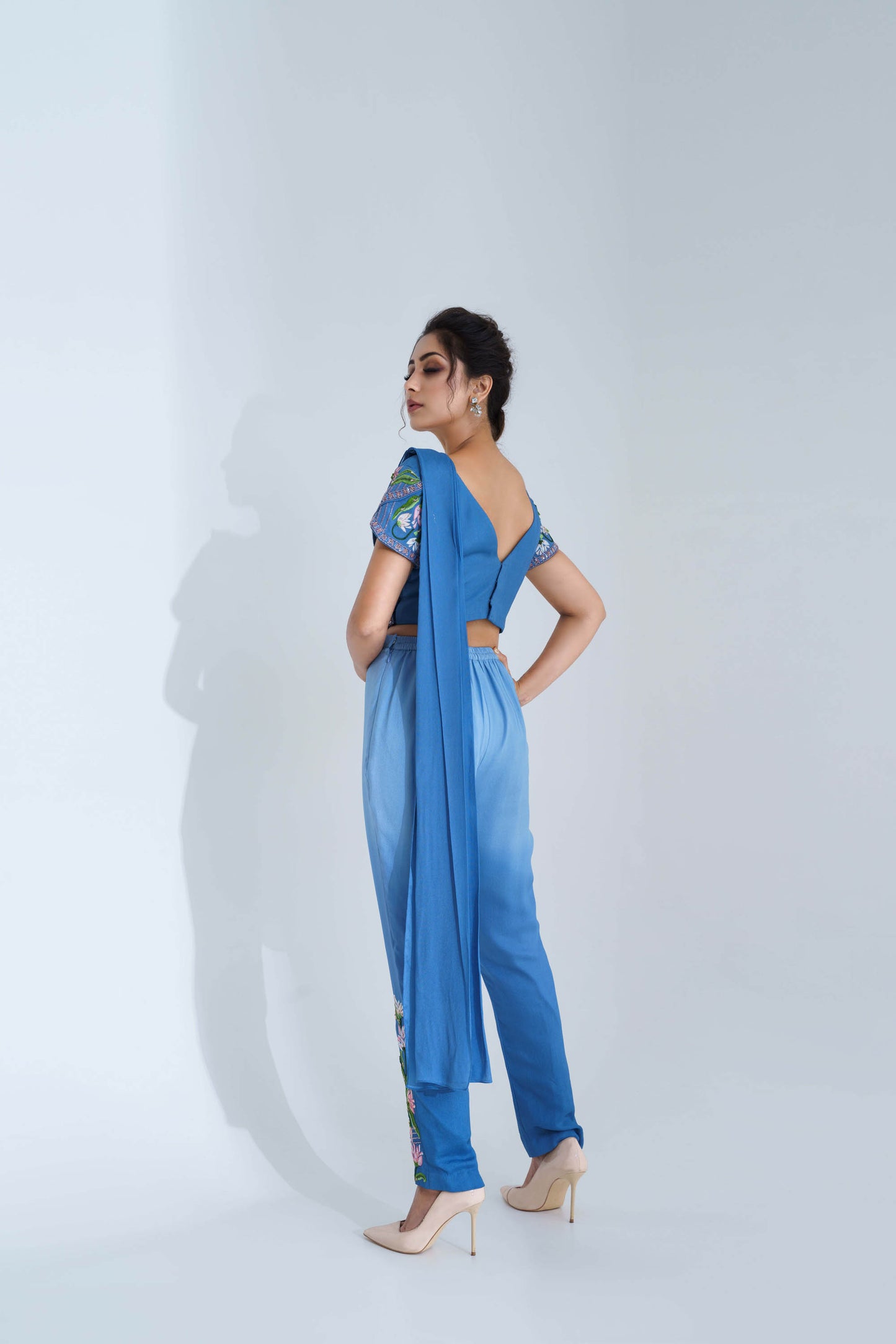 Blue Ombre Pre-Draped Pant Saree Set