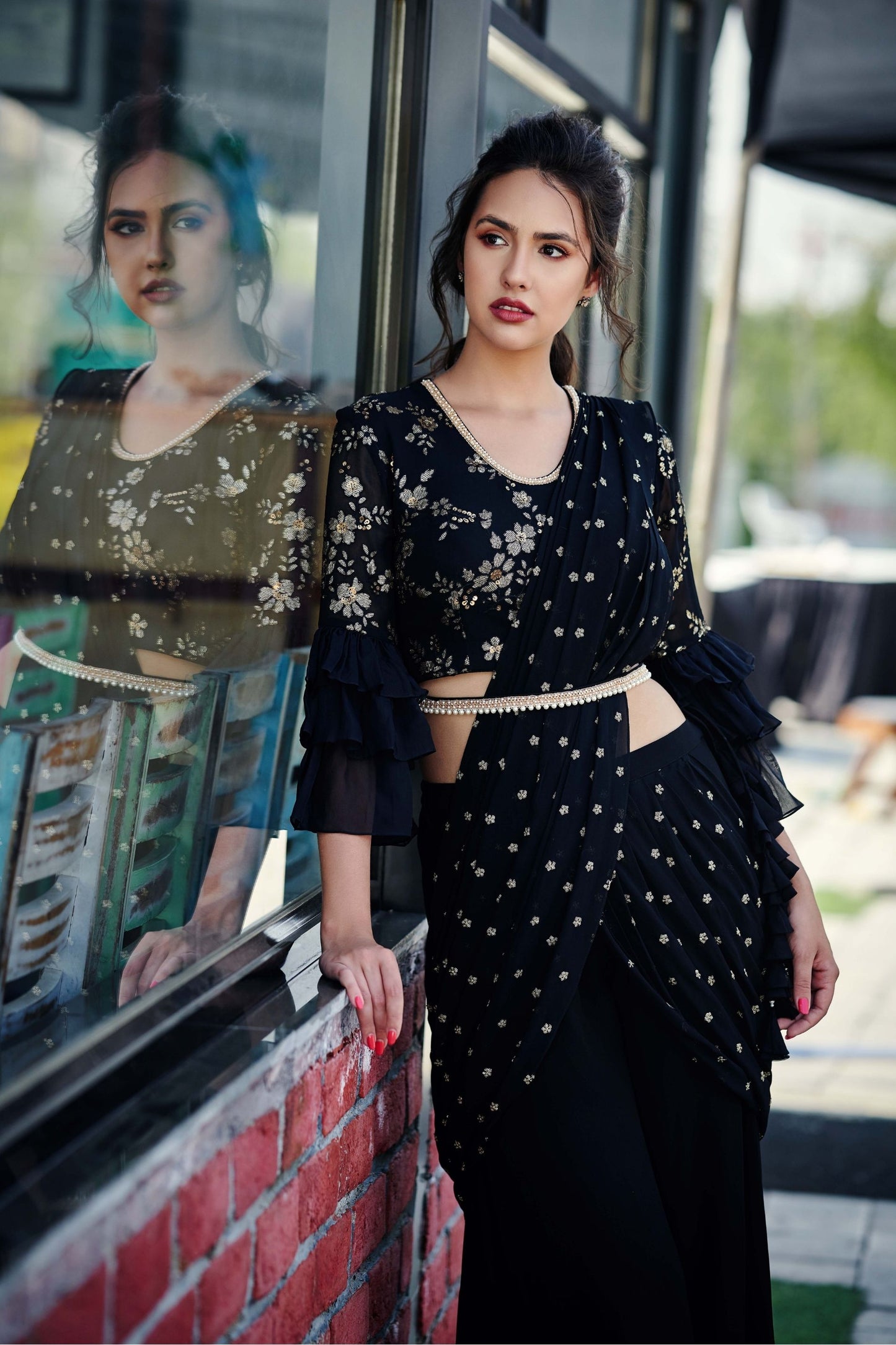 Black Pre Drape Sharara Saree