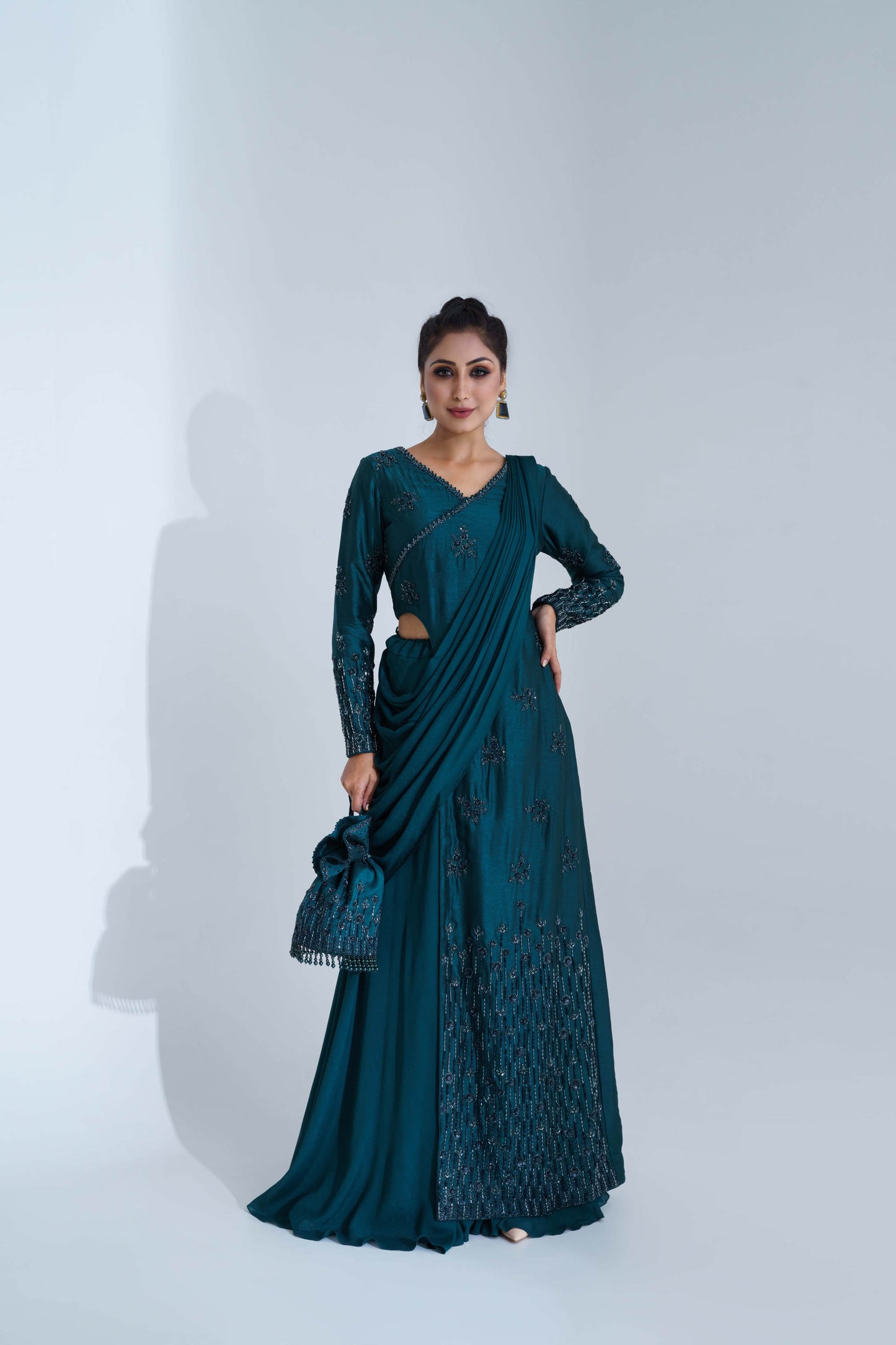 Bottle Green Pre-Draped Pant Saree Set