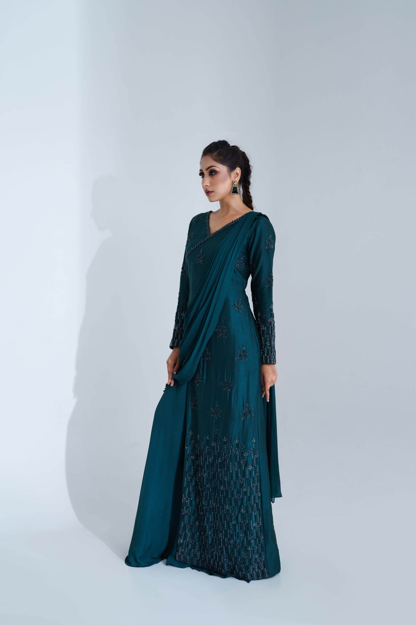 Bottle Green Pre-Draped Pant Saree Set