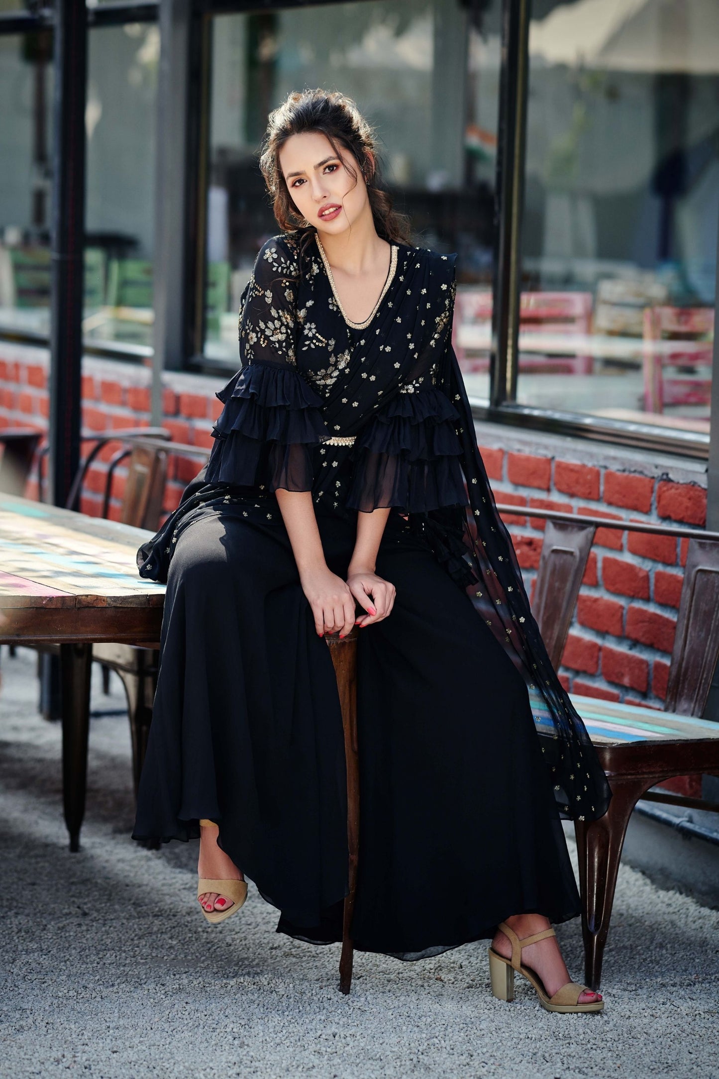 Black Pre Drape Sharara Saree