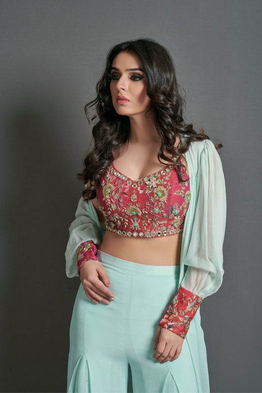 Powder blue and coral jacket set