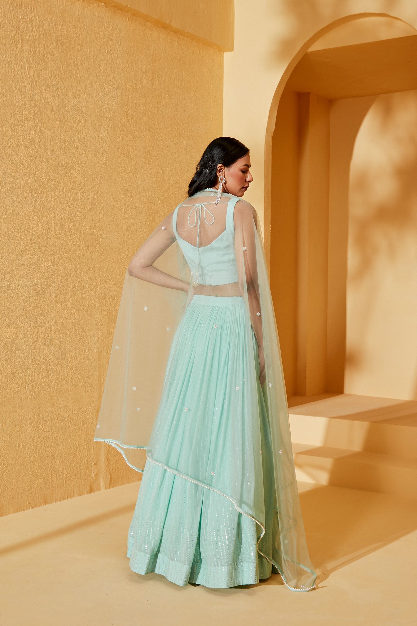 SEA GREEN SLEEVELESS LEHENGA SET