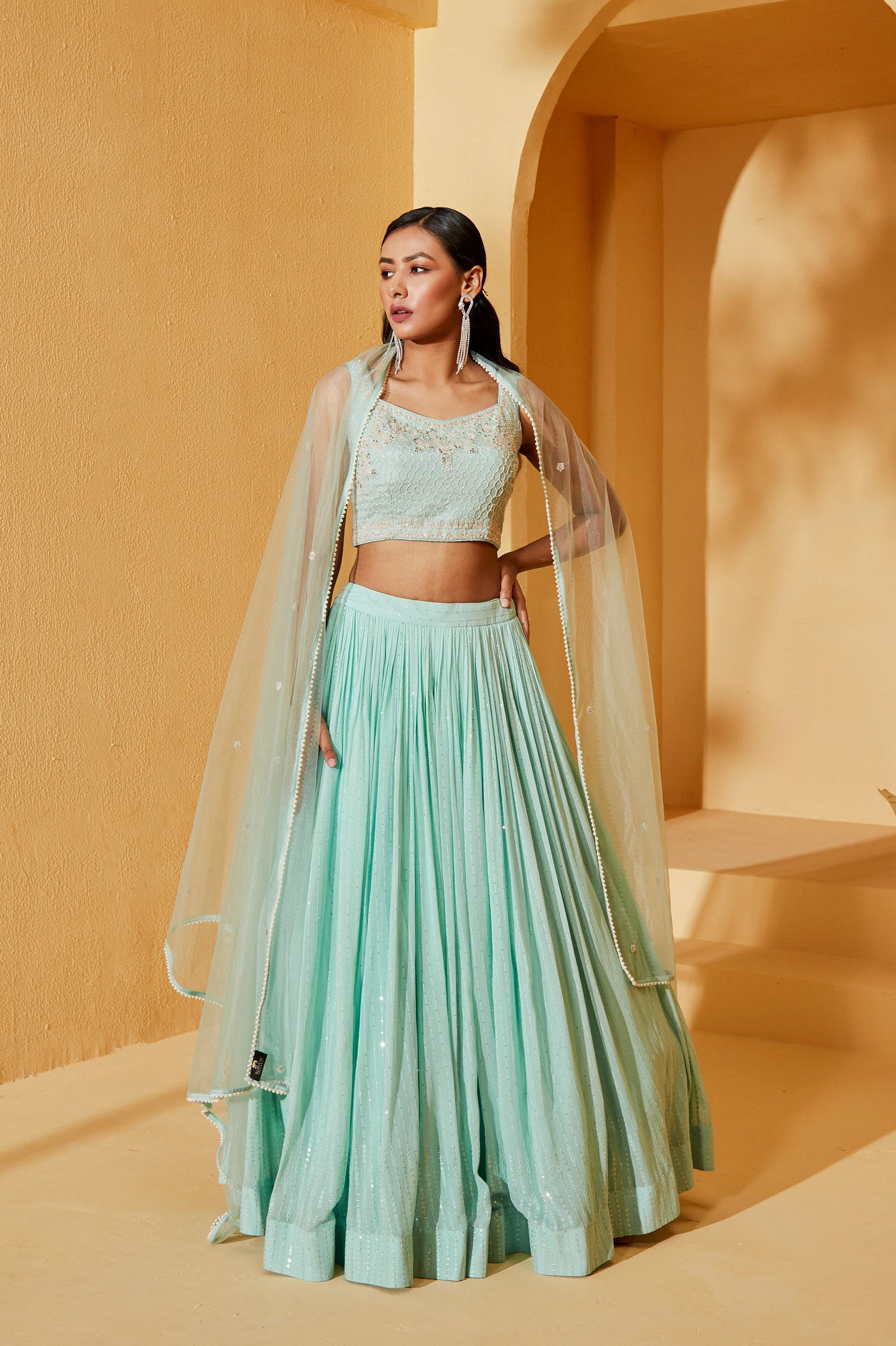 SEA GREEN SLEEVELESS LEHENGA SET