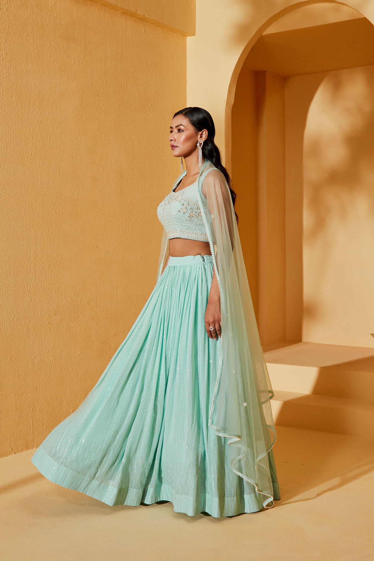 SEA GREEN SLEEVELESS LEHENGA SET