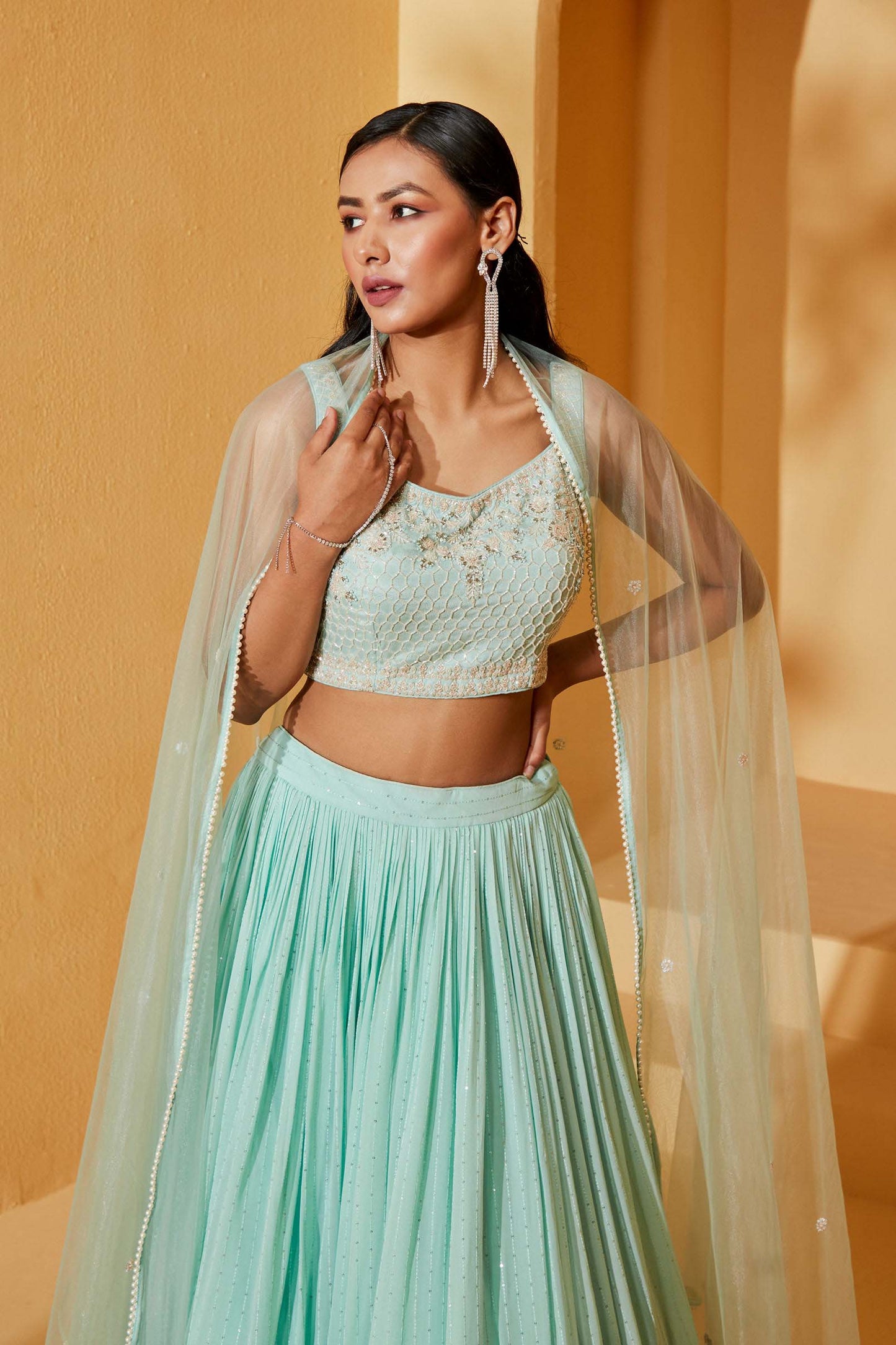 SEA GREEN SLEEVELESS LEHENGA SET