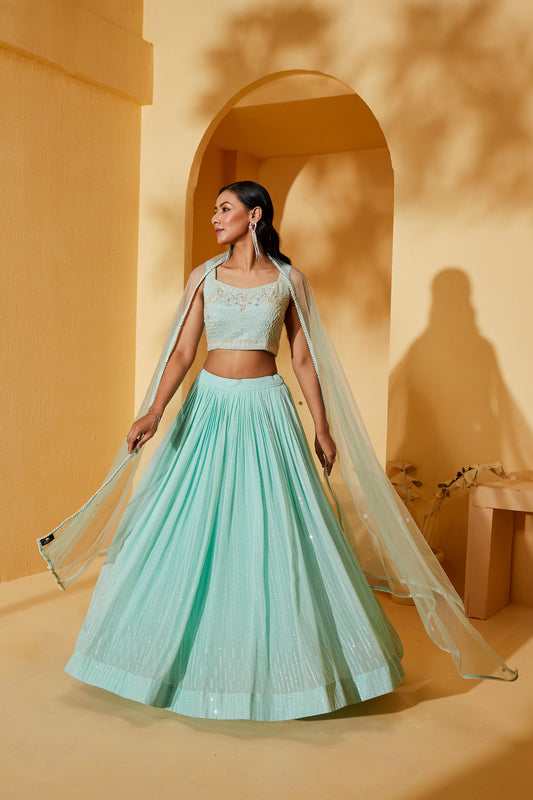 SEA GREEN SLEEVELESS LEHENGA SET