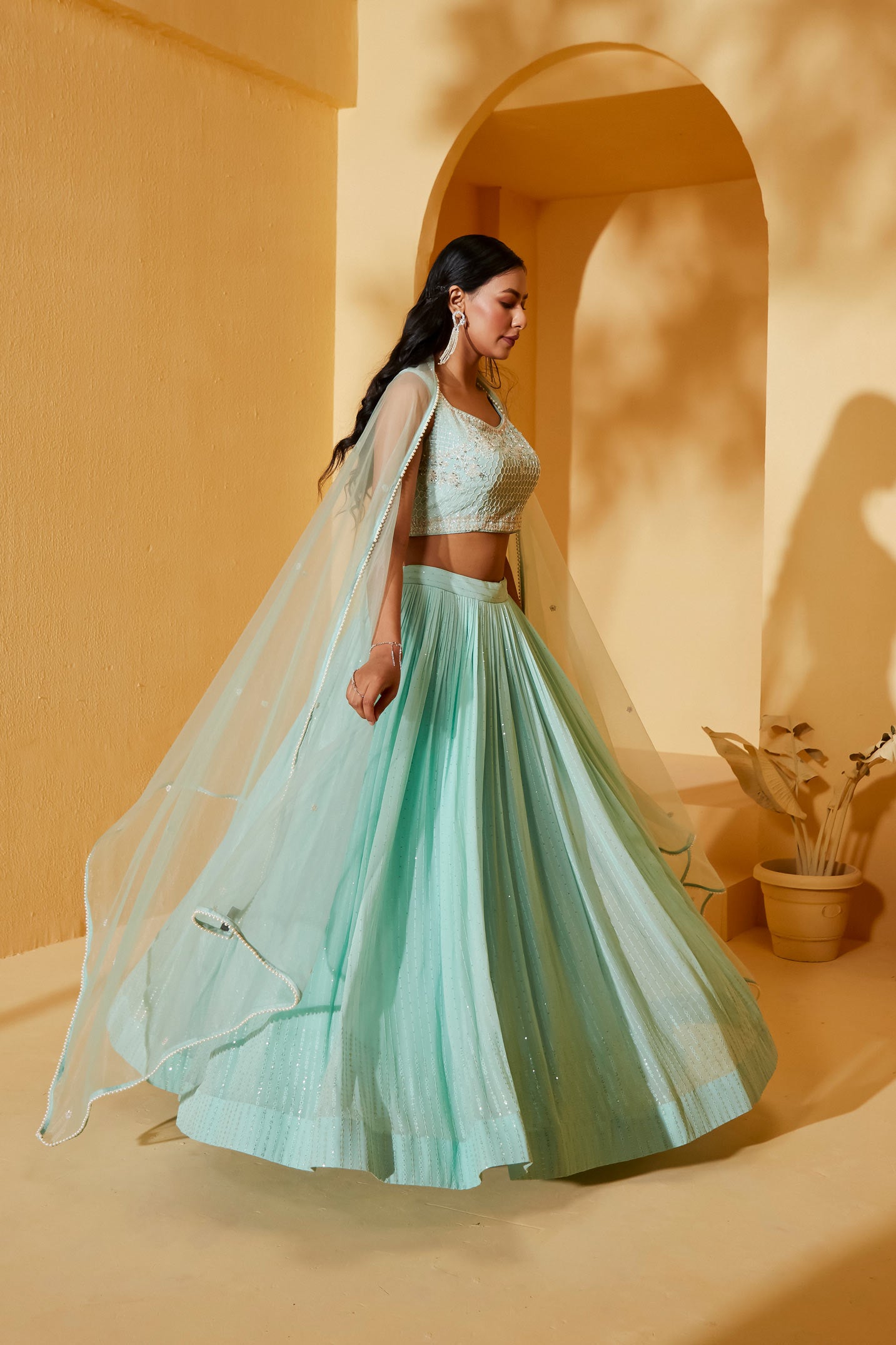 SEA GREEN SLEEVELESS LEHENGA SET