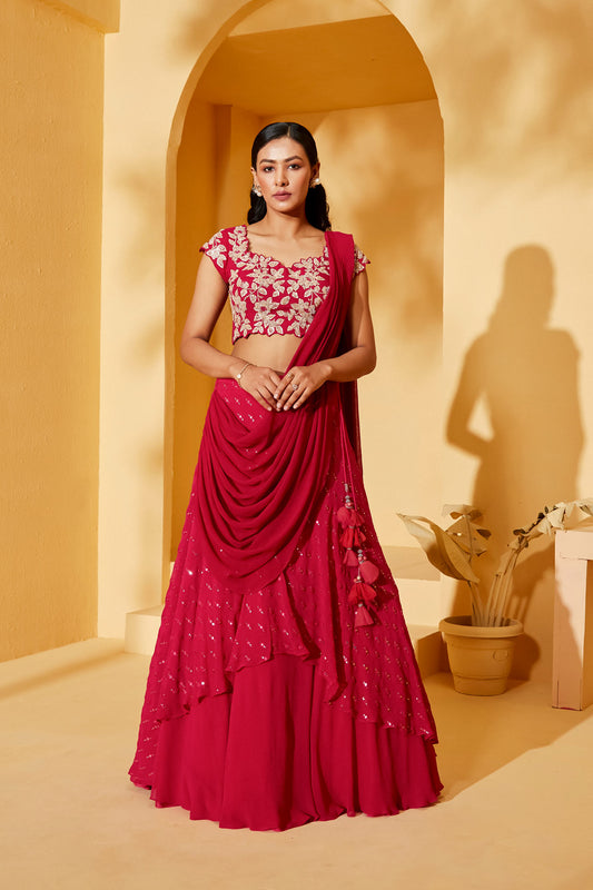 PINK PRE DRAPE LEHENGA SET