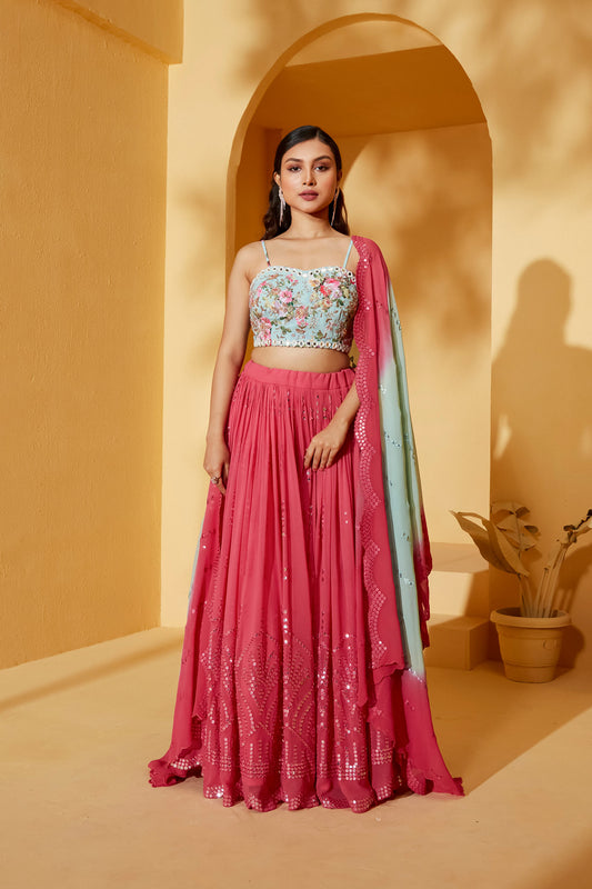 LIGHT BLUE AND CORAL LEHENGA SET