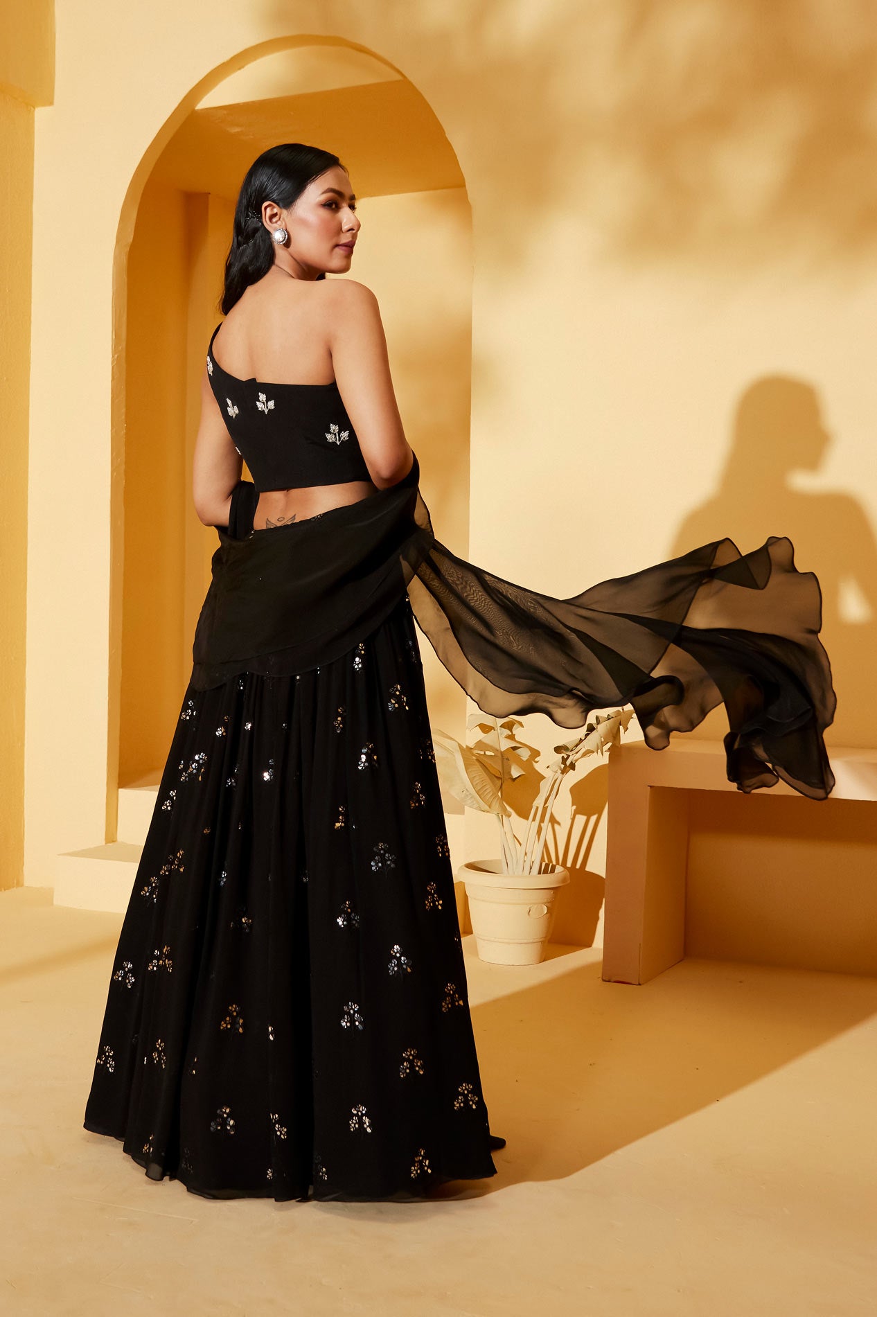 ONE SHOULDER BLACK LEHENGA SET