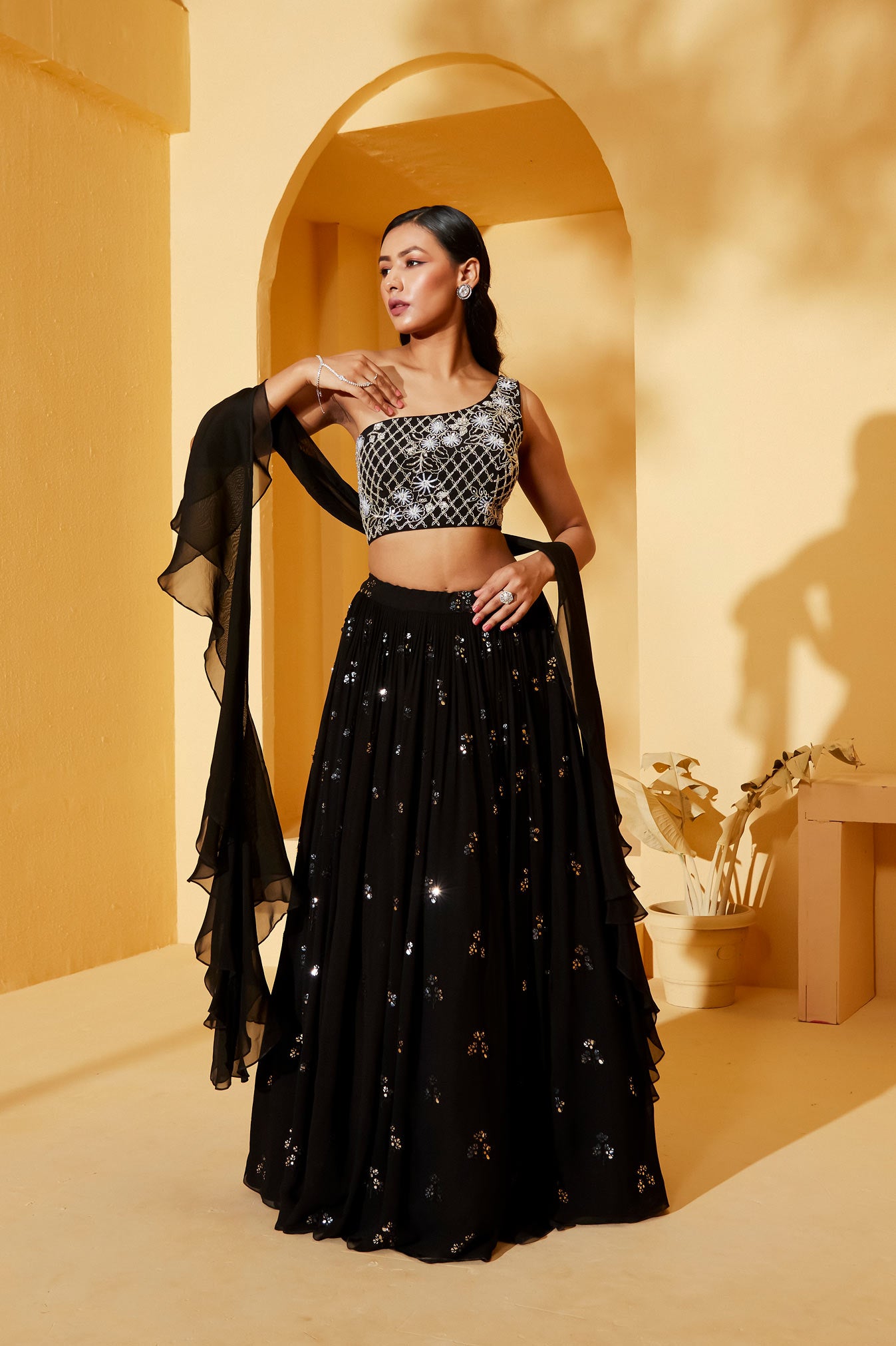 ONE SHOULDER BLACK LEHENGA SET