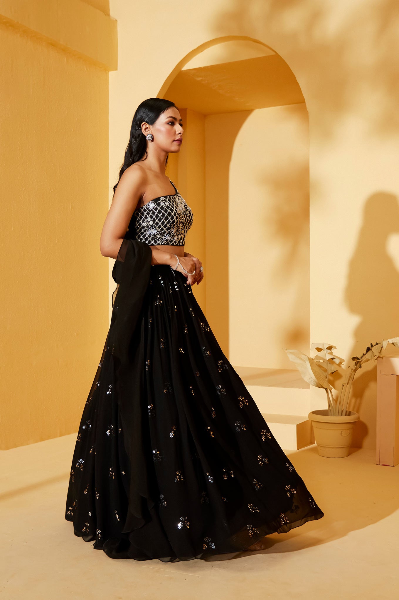 ONE SHOULDER BLACK LEHENGA SET