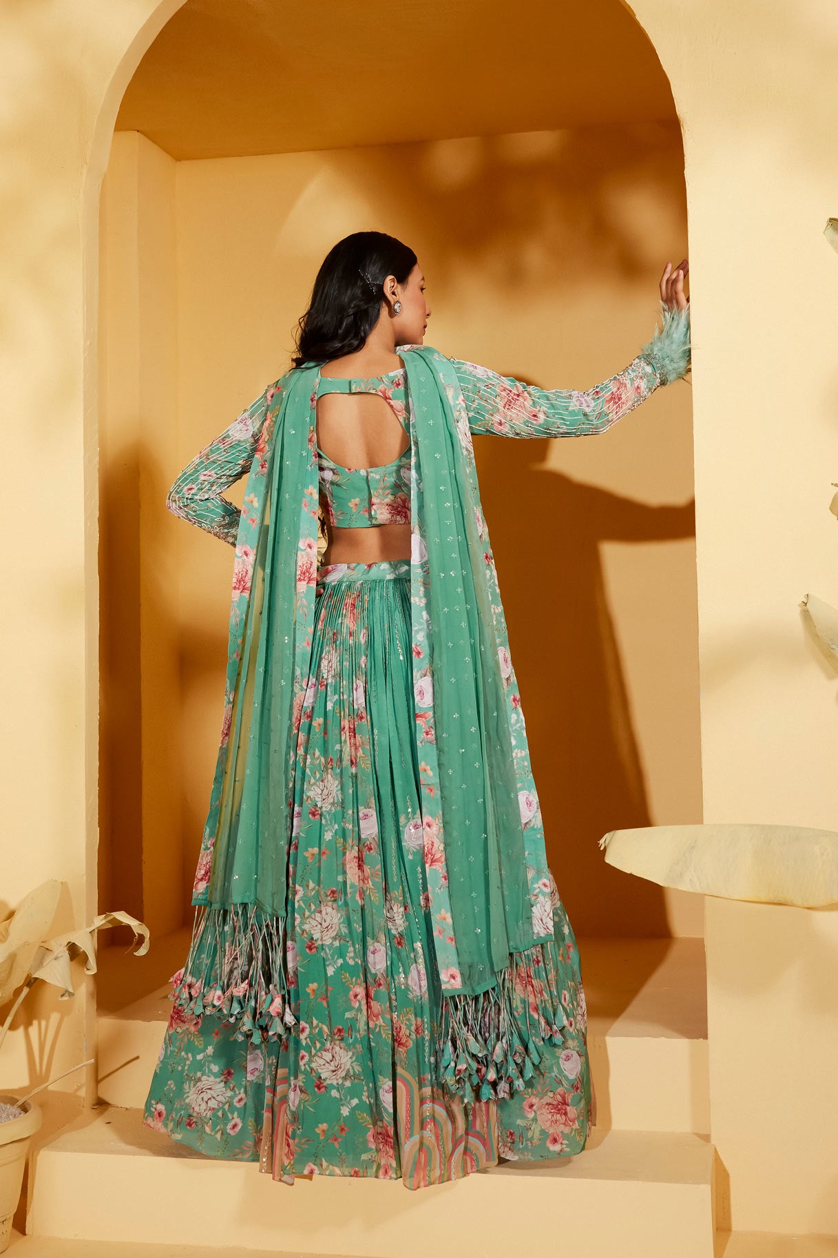 GREEN FUR LEHENGA SET