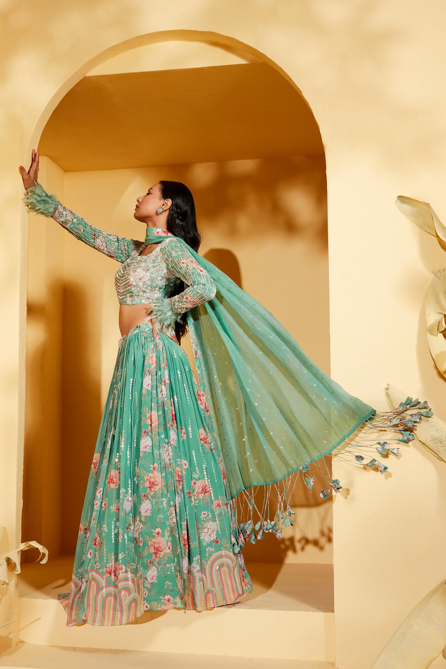 GREEN FUR LEHENGA SET