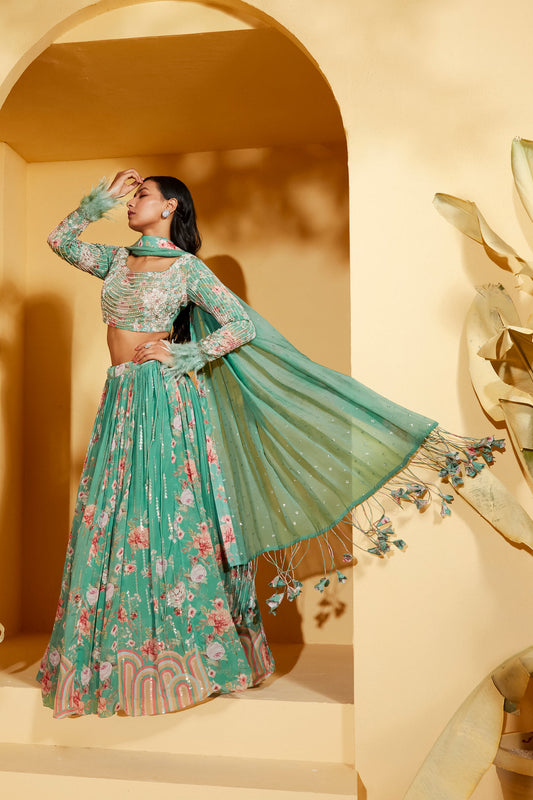 GREEN FUR LEHENGA SET