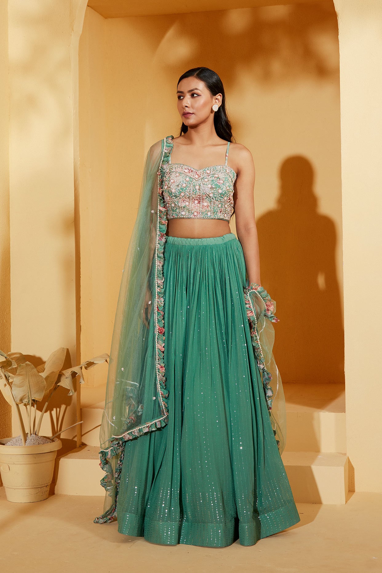 GREEN BUSTIER LEHENGA SET