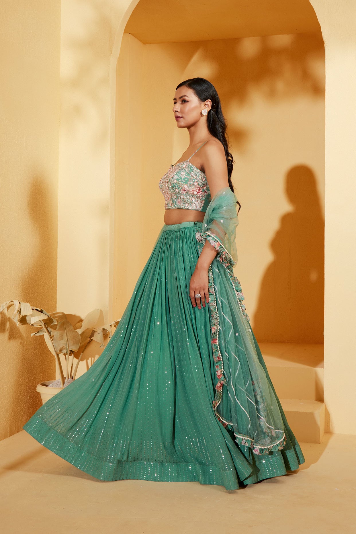 GREEN BUSTIER LEHENGA SET