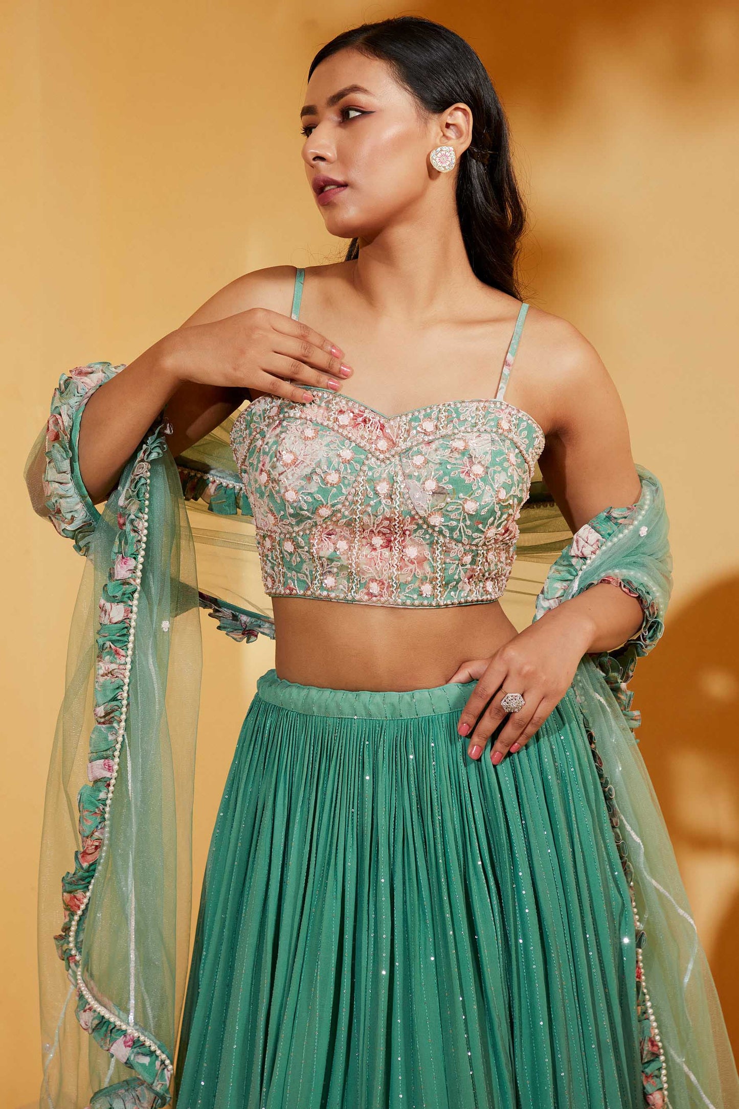 GREEN BUSTIER LEHENGA SET