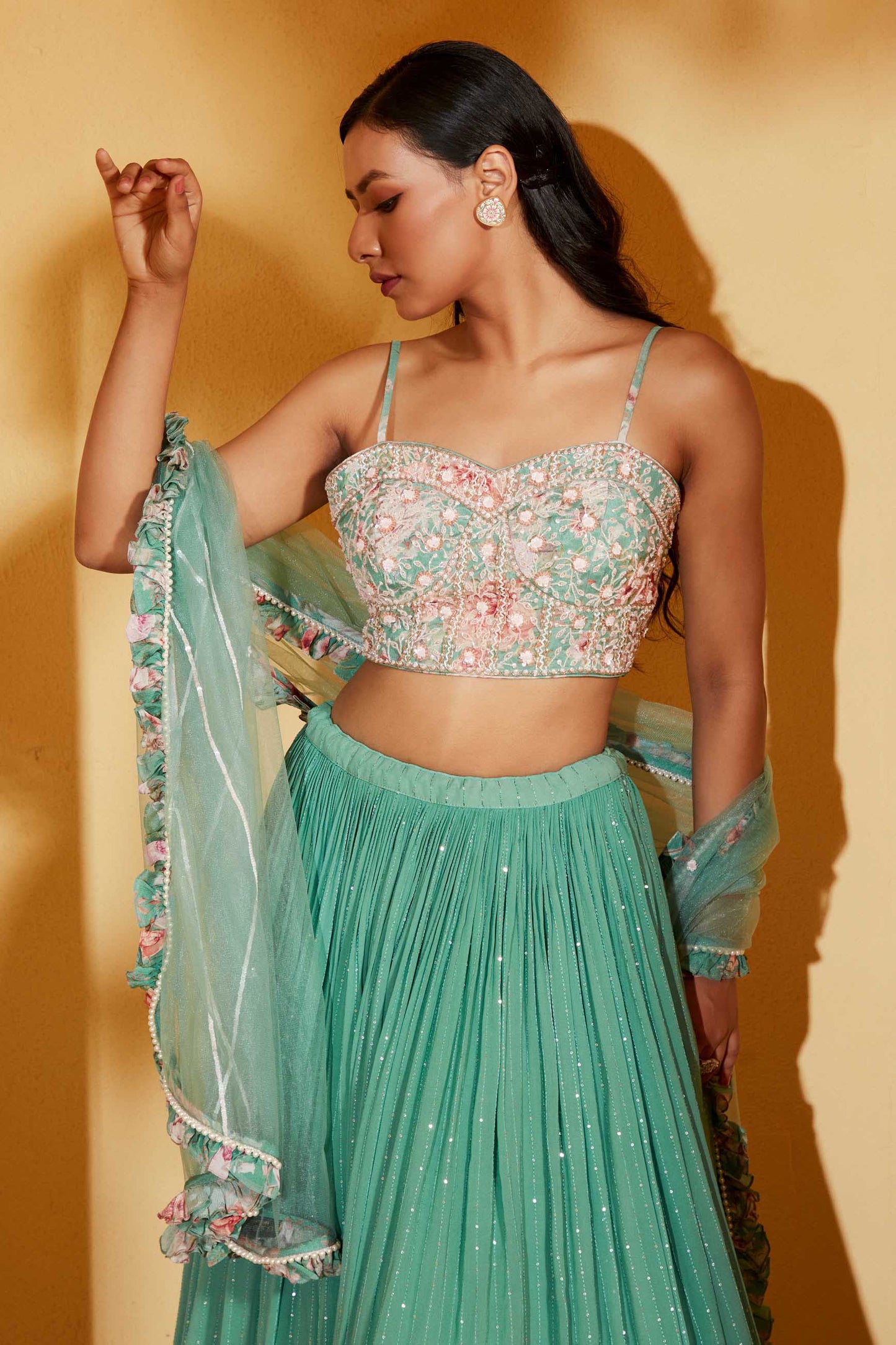 GREEN BUSTIER LEHENGA SET