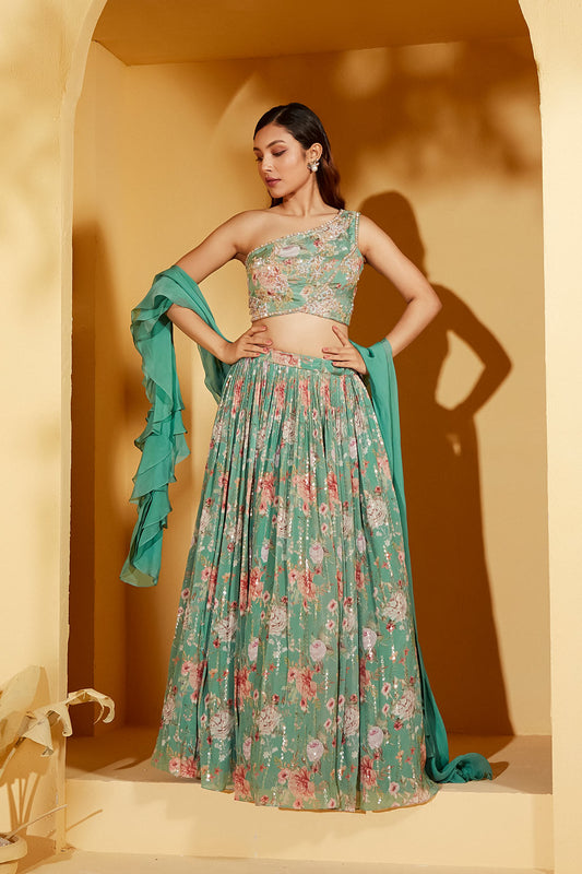 GREEN ONE SHOULDER LEHENGA SET