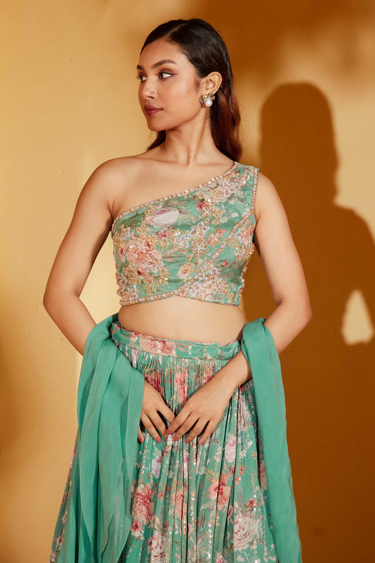 GREEN ONE SHOULDER LEHENGA SET