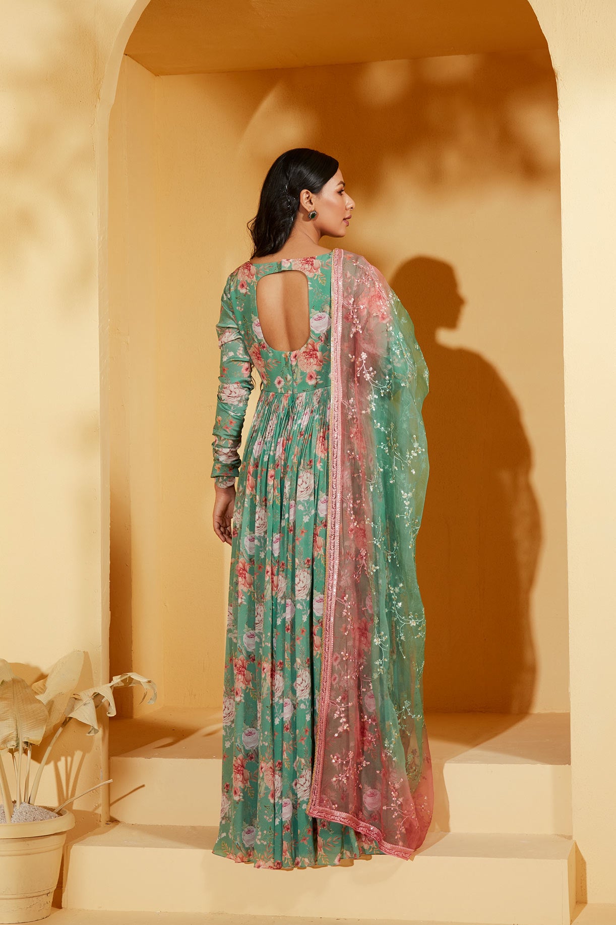 GREEN ANARKALI WITH OMBRE DUPATTA