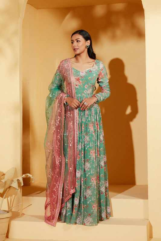 GREEN ANARKALI WITH OMBRE DUPATTA