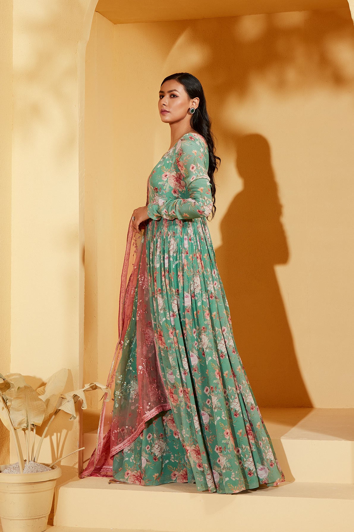 GREEN ANARKALI WITH OMBRE DUPATTA