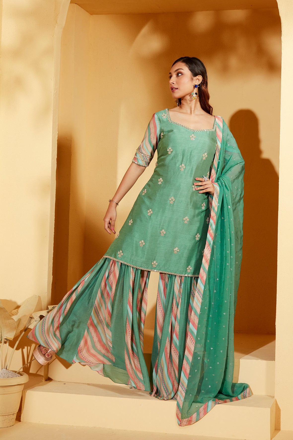 GREEN SHARARA SET WITH BUTI WORK